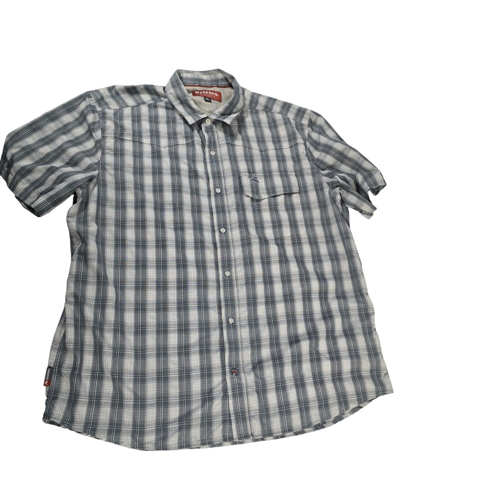 Simms‎ Fishing Products Mens XL Plaid Short Sleeve Western Snap Shirt Grey 40088